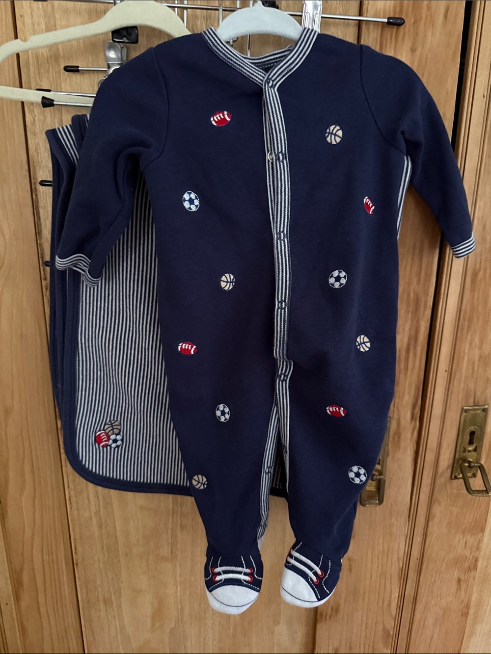 Little Me Navy Blue Sports Embroidered Footed One-Piece and Blanket